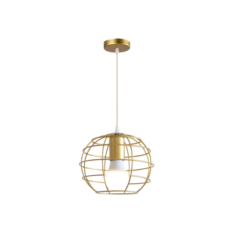 1 Bulb Metal Pendant Light Loft Style Gold Finish Globe/Hexagon Cage Shade Dining Room Hanging Lamp Clearhalo 'Ceiling Lights' 'Modern Pendants' 'Modern' 'Pendant Lights' 'Pendants' Lighting' 1401239