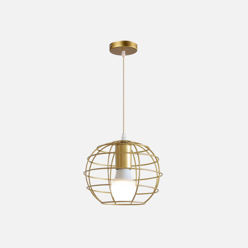 1 Bulb Metal Pendant Light Loft Style Gold Finish Globe/Hexagon Cage Shade Dining Room Hanging Lamp Clearhalo 'Ceiling Lights' 'Modern Pendants' 'Modern' 'Pendant Lights' 'Pendants' Lighting' 1401240