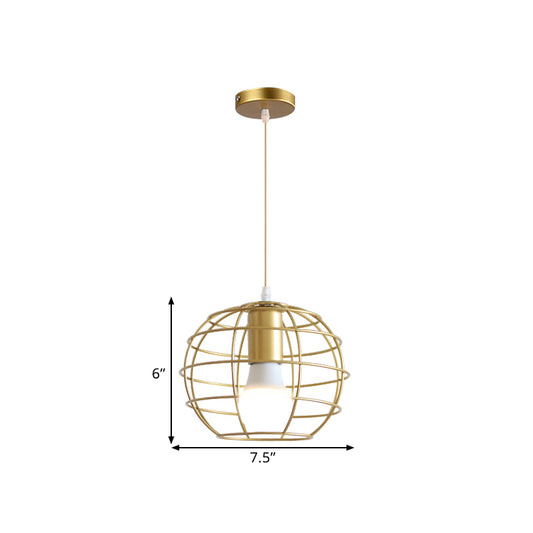 1 Bulb Metal Pendant Light Loft Style Gold Finish Globe/Hexagon Cage Shade Dining Room Hanging Lamp Clearhalo 'Ceiling Lights' 'Modern Pendants' 'Modern' 'Pendant Lights' 'Pendants' Lighting' 1401241