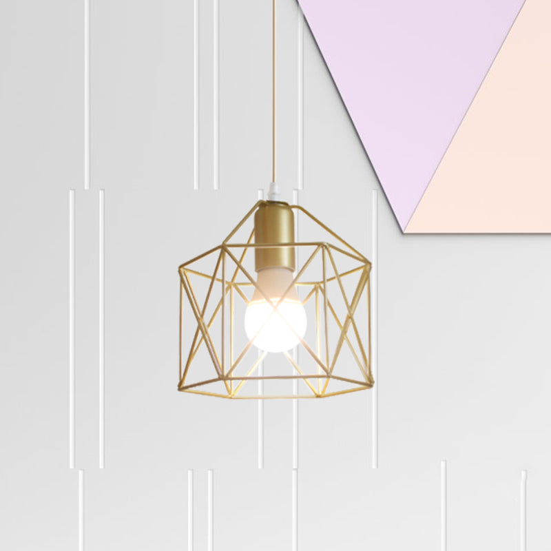 1 Bulb Metal Pendant Light Loft Style Gold Finish Globe/Hexagon Cage Shade Dining Room Hanging Lamp Gold Hexagon Clearhalo 'Ceiling Lights' 'Modern Pendants' 'Modern' 'Pendant Lights' 'Pendants' Lighting' 1401242