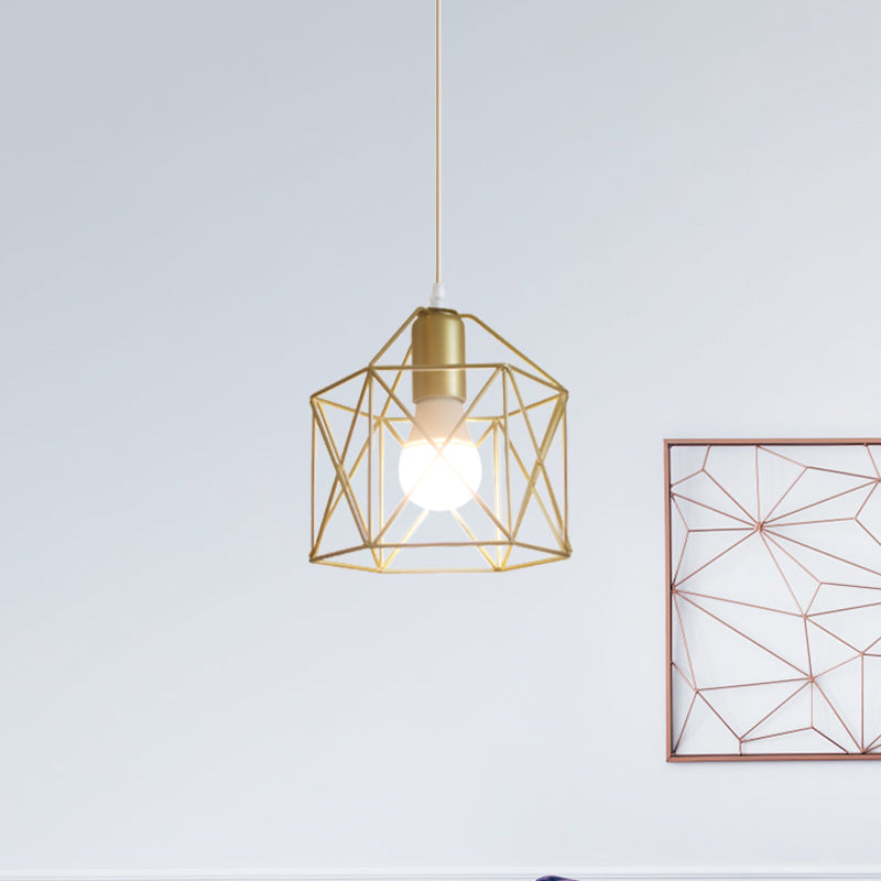 1 Bulb Metal Pendant Light Loft Style Gold Finish Globe/Hexagon Cage Shade Dining Room Hanging Lamp Clearhalo 'Ceiling Lights' 'Modern Pendants' 'Modern' 'Pendant Lights' 'Pendants' Lighting' 1401243