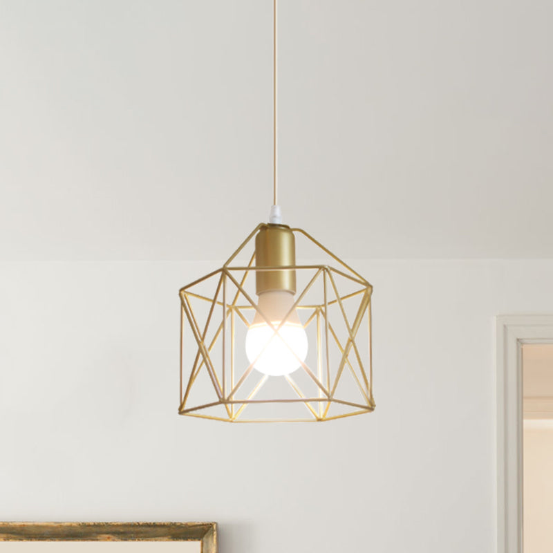 1 Bulb Metal Pendant Light Loft Style Gold Finish Globe/Hexagon Cage Shade Dining Room Hanging Lamp Clearhalo 'Ceiling Lights' 'Modern Pendants' 'Modern' 'Pendant Lights' 'Pendants' Lighting' 1401244