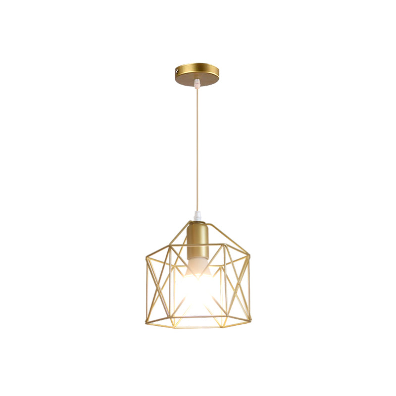 1 Bulb Metal Pendant Light Loft Style Gold Finish Globe/Hexagon Cage Shade Dining Room Hanging Lamp Clearhalo 'Ceiling Lights' 'Modern Pendants' 'Modern' 'Pendant Lights' 'Pendants' Lighting' 1401245
