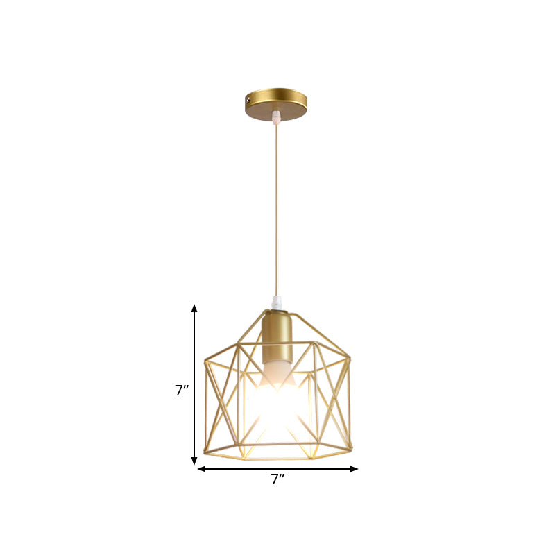 1 Bulb Metal Pendant Light Loft Style Gold Finish Globe/Hexagon Cage Shade Dining Room Hanging Lamp Clearhalo 'Ceiling Lights' 'Modern Pendants' 'Modern' 'Pendant Lights' 'Pendants' Lighting' 1401246