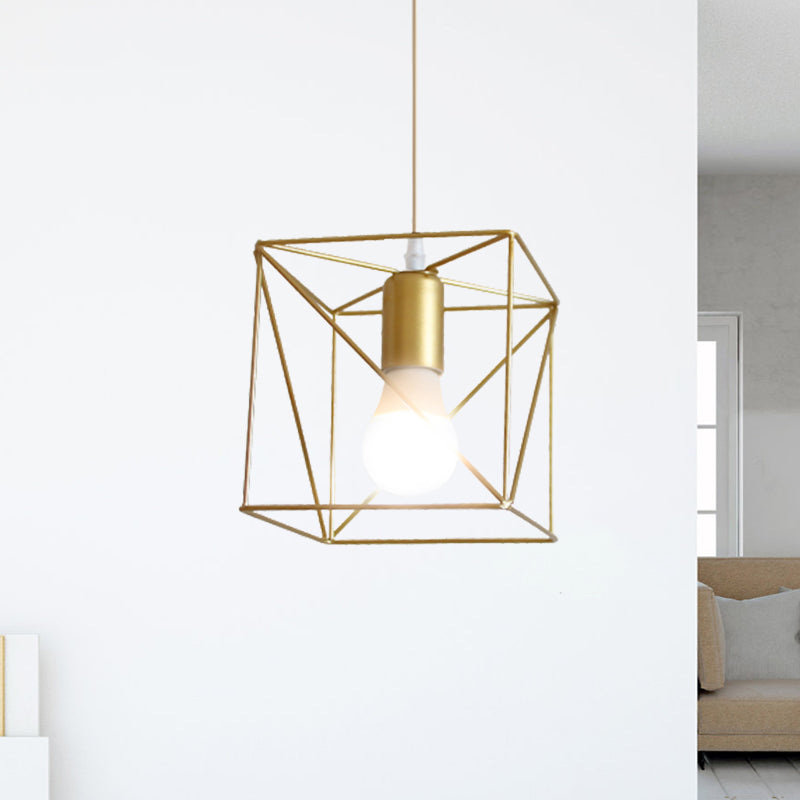 1 Bulb Metal Pendant Light Loft Style Gold Finish Globe/Hexagon Cage Shade Dining Room Hanging Lamp Gold Square Clearhalo 'Ceiling Lights' 'Modern Pendants' 'Modern' 'Pendant Lights' 'Pendants' Lighting' 1401247