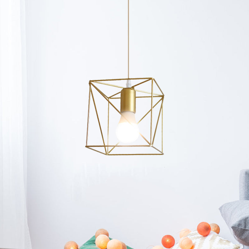 1 Bulb Metal Pendant Light Loft Style Gold Finish Globe/Hexagon Cage Shade Dining Room Hanging Lamp Clearhalo 'Ceiling Lights' 'Modern Pendants' 'Modern' 'Pendant Lights' 'Pendants' Lighting' 1401248