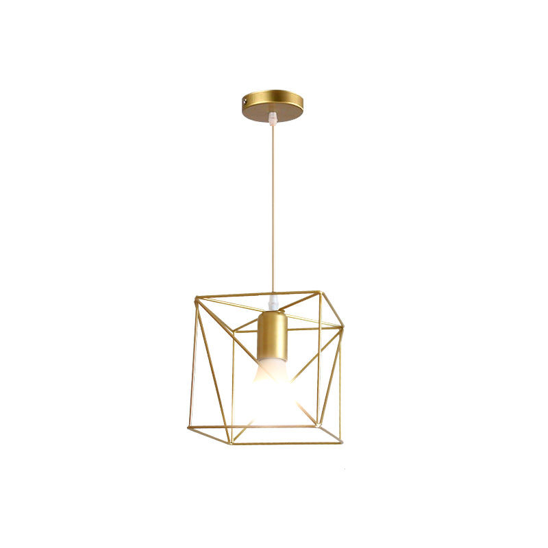 1 Bulb Metal Pendant Light Loft Style Gold Finish Globe/Hexagon Cage Shade Dining Room Hanging Lamp Clearhalo 'Ceiling Lights' 'Modern Pendants' 'Modern' 'Pendant Lights' 'Pendants' Lighting' 1401249