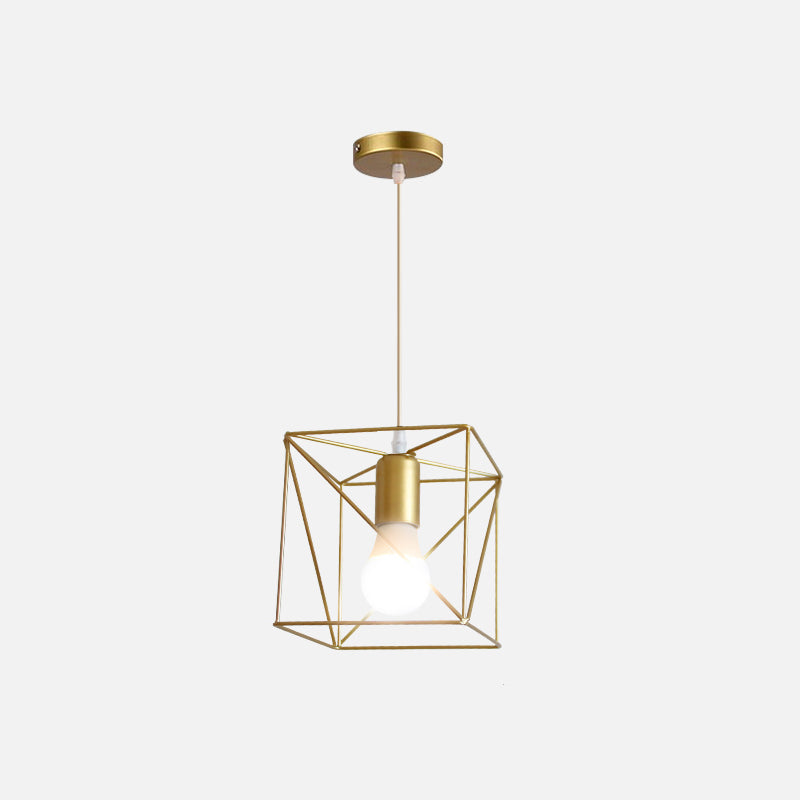 1 Bulb Metal Pendant Light Loft Style Gold Finish Globe/Hexagon Cage Shade Dining Room Hanging Lamp Clearhalo 'Ceiling Lights' 'Modern Pendants' 'Modern' 'Pendant Lights' 'Pendants' Lighting' 1401250