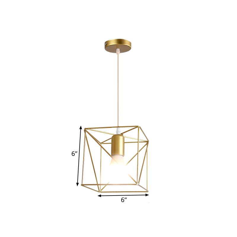 1 Bulb Metal Pendant Light Loft Style Gold Finish Globe/Hexagon Cage Shade Dining Room Hanging Lamp Clearhalo 'Ceiling Lights' 'Modern Pendants' 'Modern' 'Pendant Lights' 'Pendants' Lighting' 1401251