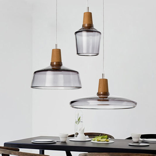 Round Canopy Coffee Shop Multi Pendant Modern Clear/Smoked Glass 3-Light Wood Hanging Ceiling Light Smoke Gray Clearhalo 'Ceiling Lights' 'Glass shade' 'Glass' 'Industrial Pendants' 'Industrial' 'Middle Century Pendants' 'Pendant Lights' 'Pendants' 'Tiffany' Lighting' 1401262