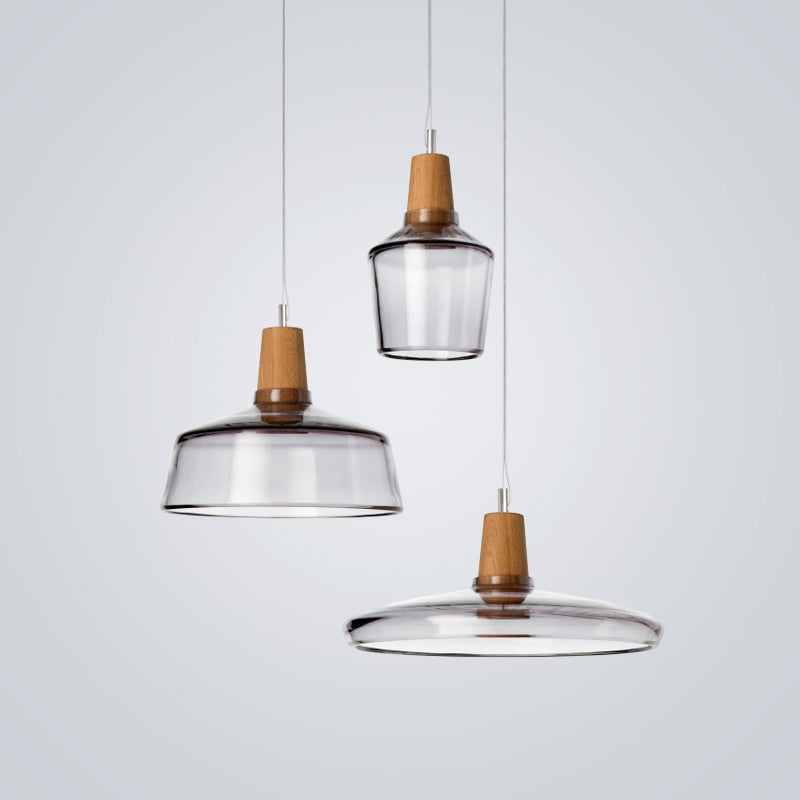 Round Canopy Coffee Shop Multi Pendant Modern Clear/Smoked Glass 3-Light Wood Hanging Ceiling Light Clearhalo 'Ceiling Lights' 'Glass shade' 'Glass' 'Industrial Pendants' 'Industrial' 'Middle Century Pendants' 'Pendant Lights' 'Pendants' 'Tiffany' Lighting' 1401265