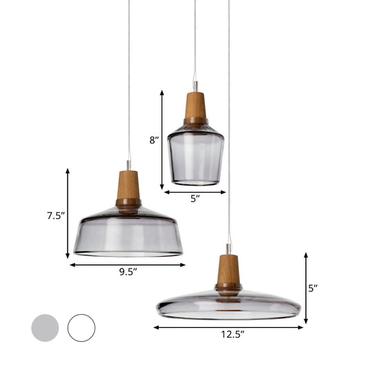 Round Canopy Coffee Shop Multi Pendant Modern Clear/Smoked Glass 3-Light Wood Hanging Ceiling Light Clearhalo 'Ceiling Lights' 'Glass shade' 'Glass' 'Industrial Pendants' 'Industrial' 'Middle Century Pendants' 'Pendant Lights' 'Pendants' 'Tiffany' Lighting' 1401266