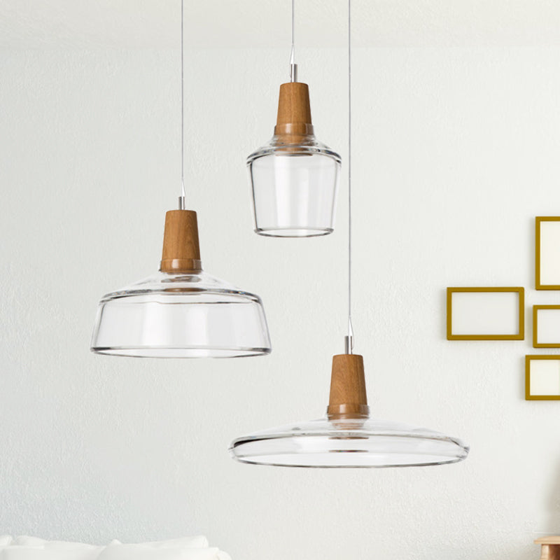 Round Canopy Coffee Shop Multi Pendant Modern Clear/Smoked Glass 3-Light Wood Hanging Ceiling Light Clear Clearhalo 'Ceiling Lights' 'Glass shade' 'Glass' 'Industrial Pendants' 'Industrial' 'Middle Century Pendants' 'Pendant Lights' 'Pendants' 'Tiffany' Lighting' 1401267