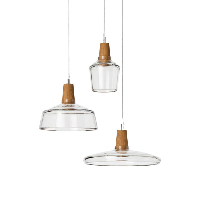 Round Canopy Coffee Shop Multi Pendant Modern Clear/Smoked Glass 3-Light Wood Hanging Ceiling Light Clearhalo 'Ceiling Lights' 'Glass shade' 'Glass' 'Industrial Pendants' 'Industrial' 'Middle Century Pendants' 'Pendant Lights' 'Pendants' 'Tiffany' Lighting' 1401270