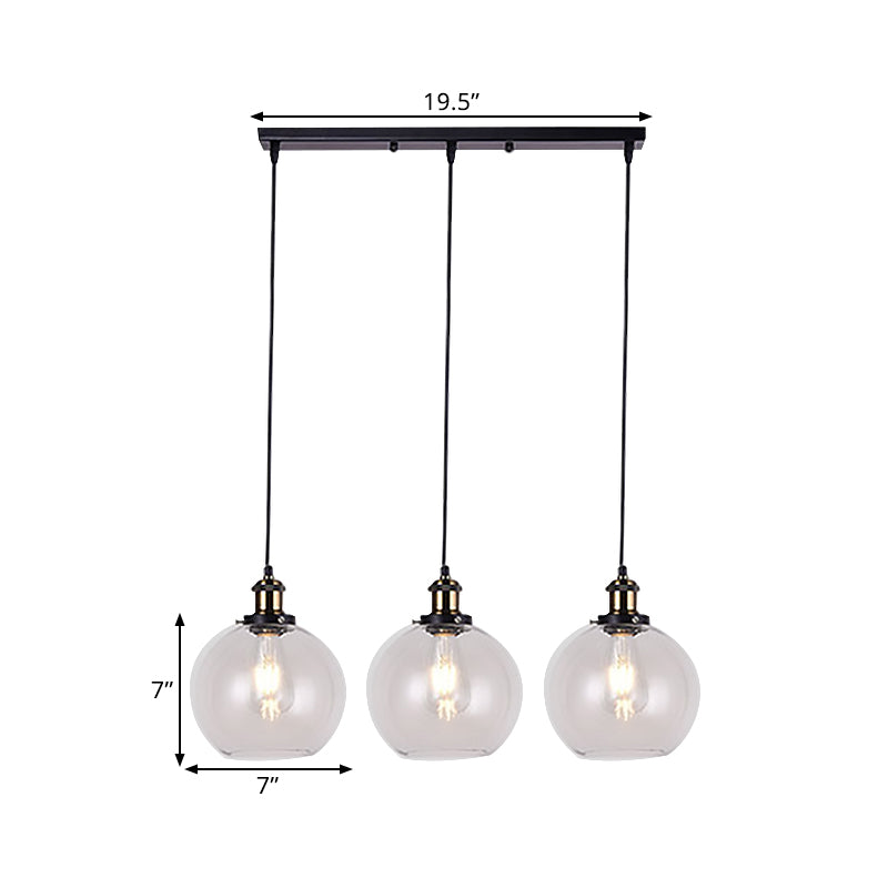 Globe Clear Glass Multi Light Pendant Industrial 3-Light Living Room Hanging Lighting with Linear Canopy Clearhalo 'Ceiling Lights' 'Glass shade' 'Glass' 'Industrial Pendants' 'Industrial' 'Middle Century Pendants' 'Pendant Lights' 'Pendants' 'Tiffany' Lighting' 1401275