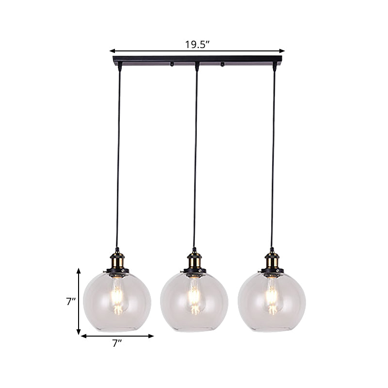 Globe Clear Glass Multi Light Pendant Industrial 3-Light Living Room Hanging Lighting with Linear Canopy Clearhalo 'Ceiling Lights' 'Glass shade' 'Glass' 'Industrial Pendants' 'Industrial' 'Middle Century Pendants' 'Pendant Lights' 'Pendants' 'Tiffany' Lighting' 1401275