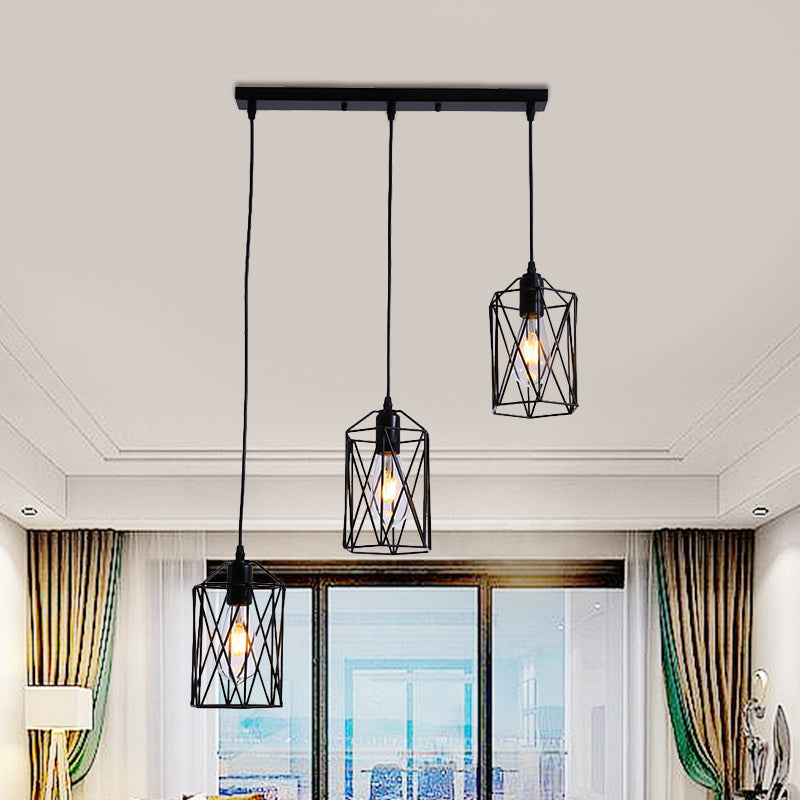 3 Heads Cylinder Cage Hanging Lighting Industrial Black Metallic Pendant Lamp in Black for Restaurant Clearhalo 'Art Deco Pendants' 'Black' 'Cast Iron' 'Ceiling Lights' 'Ceramic' 'Crystal' 'Industrial Pendants' 'Industrial' 'Metal' 'Middle Century Pendants' 'Pendant Lights' 'Pendants' 'Rustic Pendants' 'Tiffany' Lighting' 1401292