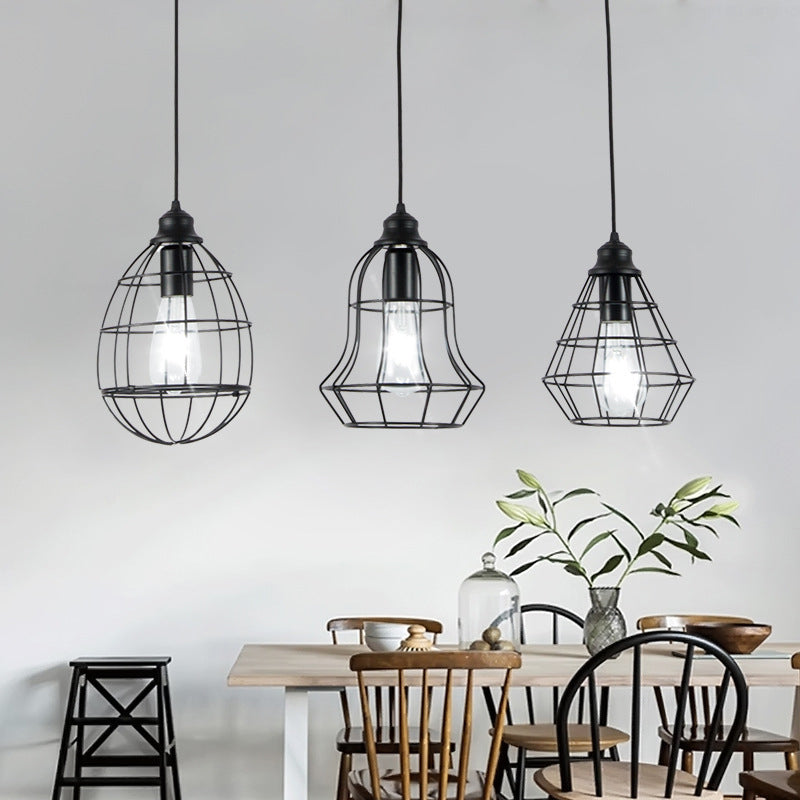 3 Bulbs Cage Pendant Lighting with Different Shade Vintage Black Metal Hanging Lamp for Coffee Shop Clearhalo 'Art Deco Pendants' 'Black' 'Cast Iron' 'Ceiling Lights' 'Ceramic' 'Crystal' 'Industrial Pendants' 'Industrial' 'Metal' 'Middle Century Pendants' 'Pendant Lights' 'Pendants' 'Rustic Pendants' 'Tiffany' Lighting' 1401302