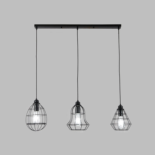 3 Bulbs Cage Pendant Lighting with Different Shade Vintage Black Metal Hanging Lamp for Coffee Shop Clearhalo 'Art Deco Pendants' 'Black' 'Cast Iron' 'Ceiling Lights' 'Ceramic' 'Crystal' 'Industrial Pendants' 'Industrial' 'Metal' 'Middle Century Pendants' 'Pendant Lights' 'Pendants' 'Rustic Pendants' 'Tiffany' Lighting' 1401304