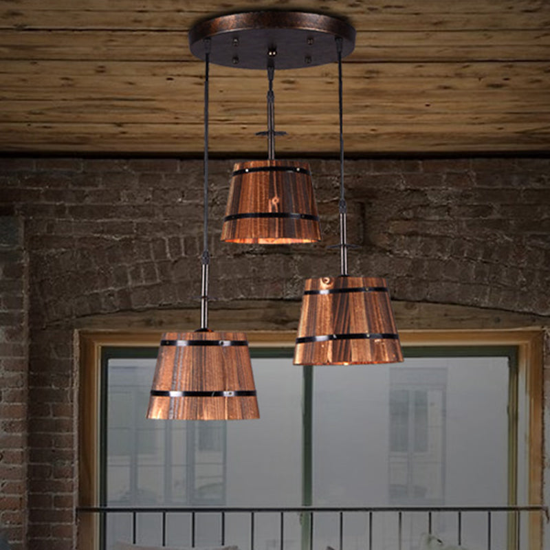 3-Bulb Bucket Pendant Light Rustic Stylish Wooden Hanging Lamp in Brown for Villa Black Round Clearhalo 'Art Deco Pendants' 'Black' 'Cast Iron' 'Ceiling Lights' 'Ceramic' 'Crystal' 'Industrial Pendants' 'Industrial' 'Metal' 'Middle Century Pendants' 'Pendant Lights' 'Pendants' 'Rustic Pendants' 'Tiffany' Lighting' 1401321