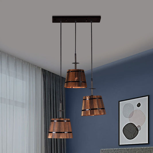 3-Bulb Bucket Pendant Light Rustic Stylish Wooden Hanging Lamp in Brown for Villa Black Linear Clearhalo 'Art Deco Pendants' 'Black' 'Cast Iron' 'Ceiling Lights' 'Ceramic' 'Crystal' 'Industrial Pendants' 'Industrial' 'Metal' 'Middle Century Pendants' 'Pendant Lights' 'Pendants' 'Rustic Pendants' 'Tiffany' Lighting' 1401326