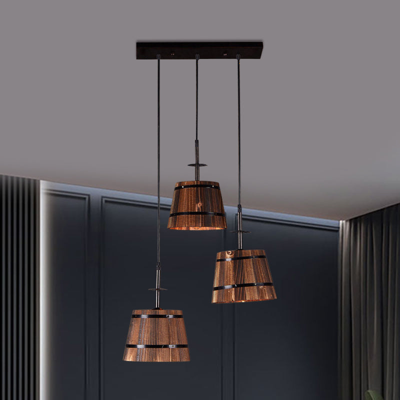 3-Bulb Bucket Pendant Light Rustic Stylish Wooden Hanging Lamp in Brown for Villa Clearhalo 'Art Deco Pendants' 'Black' 'Cast Iron' 'Ceiling Lights' 'Ceramic' 'Crystal' 'Industrial Pendants' 'Industrial' 'Metal' 'Middle Century Pendants' 'Pendant Lights' 'Pendants' 'Rustic Pendants' 'Tiffany' Lighting' 1401328