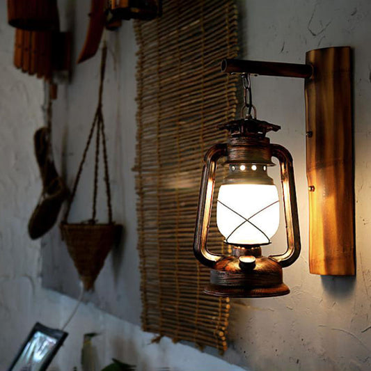 1 Light Clear Glass Wall Sconce Light Coastal Rust Lantern Corridor Lighting Fixture with Wooden Backplate Clearhalo 'Industrial wall lights' 'Industrial' 'Middle century wall lights' 'Rustic wall lights' 'Tiffany' 'Wall Lamps & Sconces' 'Wall Lights' Lighting' 140149