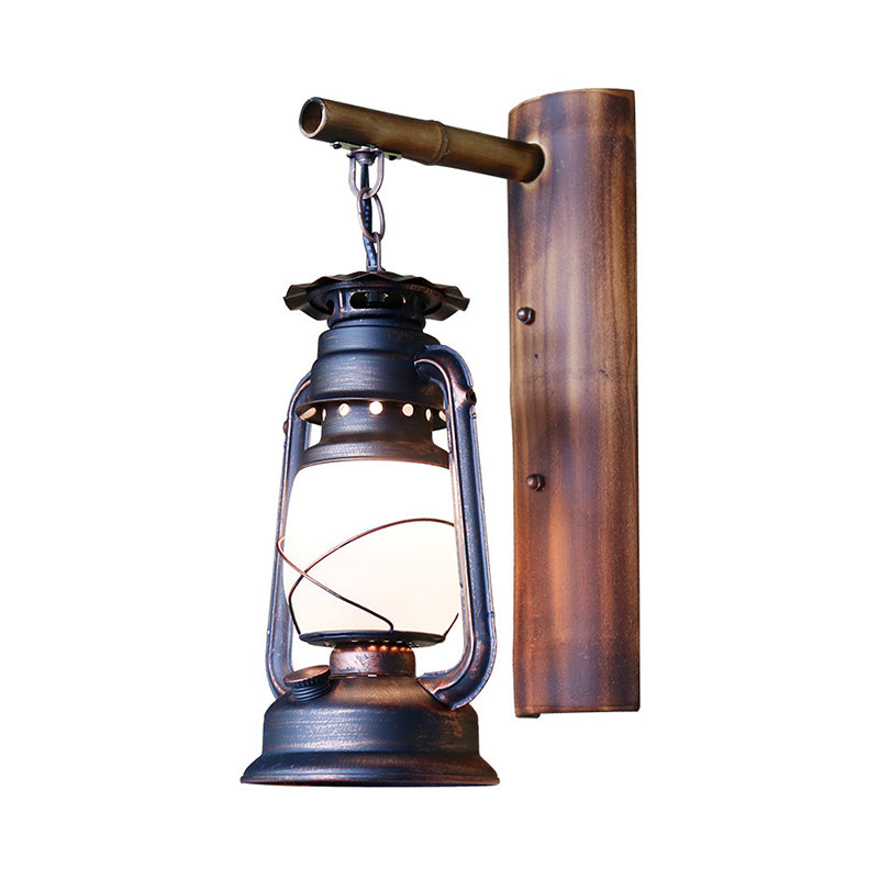 1 Light Clear Glass Wall Sconce Light Coastal Rust Lantern Corridor Lighting Fixture with Wooden Backplate Clearhalo 'Industrial wall lights' 'Industrial' 'Middle century wall lights' 'Rustic wall lights' 'Tiffany' 'Wall Lamps & Sconces' 'Wall Lights' Lighting' 140150