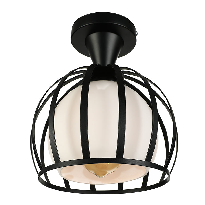Domed Cage Metal Ceiling Light Fixture Vintage Style 1 Head Dining Room Semi Mount Lighting in Black/White Clearhalo 'Ceiling Lights' 'Close To Ceiling Lights' 'Close to ceiling' 'Glass shade' 'Glass' 'Pendant Lights' 'Semi-flushmount' Lighting' 140164