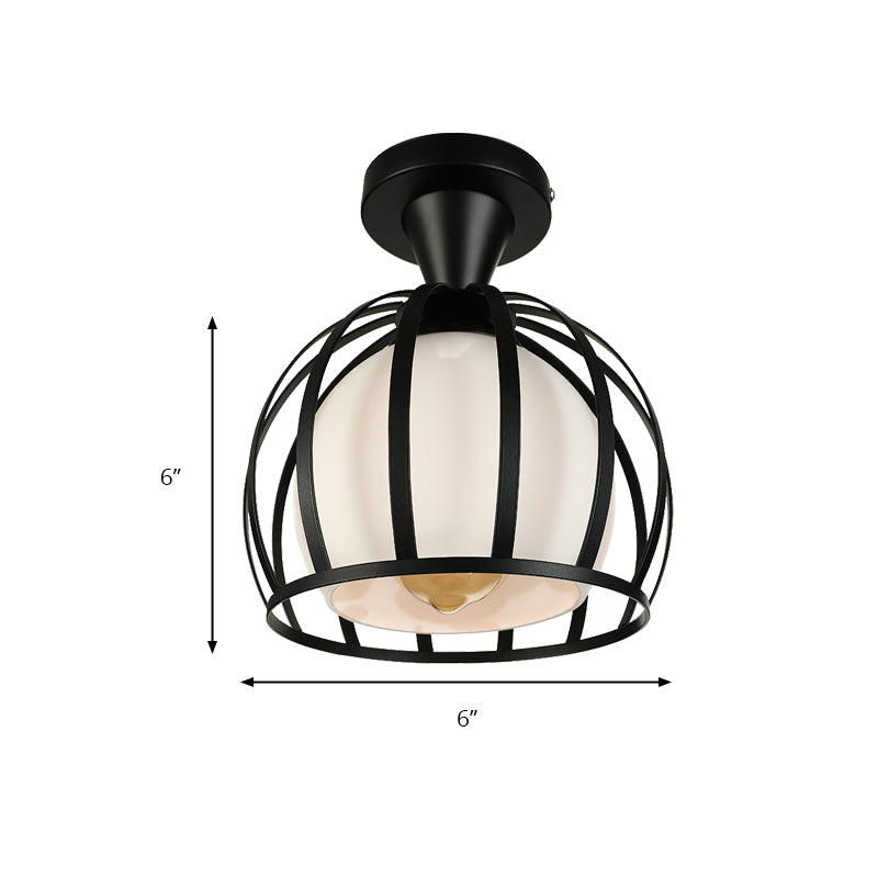 Domed Cage Metal Ceiling Light Fixture Vintage Style 1 Head Dining Room Semi Mount Lighting in Black/White Clearhalo 'Ceiling Lights' 'Close To Ceiling Lights' 'Close to ceiling' 'Glass shade' 'Glass' 'Pendant Lights' 'Semi-flushmount' Lighting' 140165