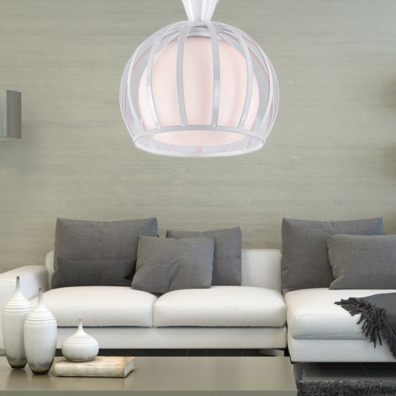 Domed Cage Metal Ceiling Light Fixture Vintage Style 1 Head Dining Room Semi Mount Lighting in Black/White White Clearhalo 'Ceiling Lights' 'Close To Ceiling Lights' 'Close to ceiling' 'Glass shade' 'Glass' 'Pendant Lights' 'Semi-flushmount' Lighting' 140166