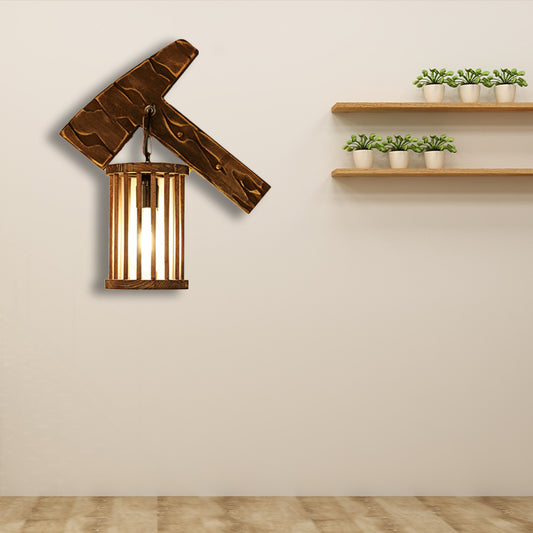 Cylinder Cage Sconce Light Wood Lodge Industrial 1 Light Wall Lighting for Coffee Shop Wood Axe Clearhalo 'Modern wall lights' 'Modern' 'Wall Lamps & Sconces' 'Wall Lights' Lighting' 140192