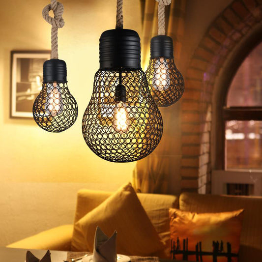 Black Bulb Shade Hanging Pendant Light Industrial Metal 1 Light Restaurant Ceiling Light with Mesh Screen and Rope Black Clearhalo 'Art Deco Pendants' 'Black' 'Cast Iron' 'Ceiling Lights' 'Ceramic' 'Crystal' 'Industrial Pendants' 'Industrial' 'Metal' 'Middle Century Pendants' 'Pendant Lights' 'Pendants' 'Rustic Pendants' 'Tiffany' Lighting' 140219