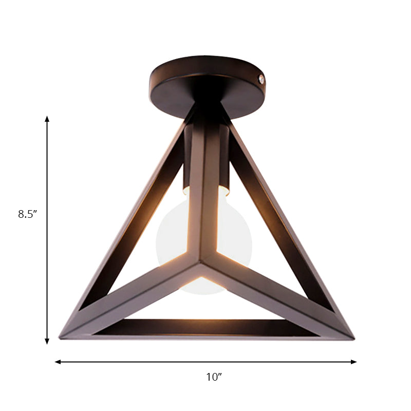 Retro Industrial Wire Cage Semi Flush Ceiling Light with Triangle Shade 1 Head Metal Ceiling Lamp in Black/Grey/White Clearhalo 'Ceiling Lights' 'Close To Ceiling Lights' 'Close to ceiling' 'Semi-flushmount' Lighting' 140238