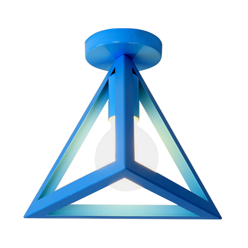 Retro Industrial Wire Cage Semi Flush Ceiling Light with Triangle Shade 1 Head Metal Ceiling Lamp in Black/Grey/White Clearhalo 'Ceiling Lights' 'Close To Ceiling Lights' 'Close to ceiling' 'Semi-flushmount' Lighting' 140245