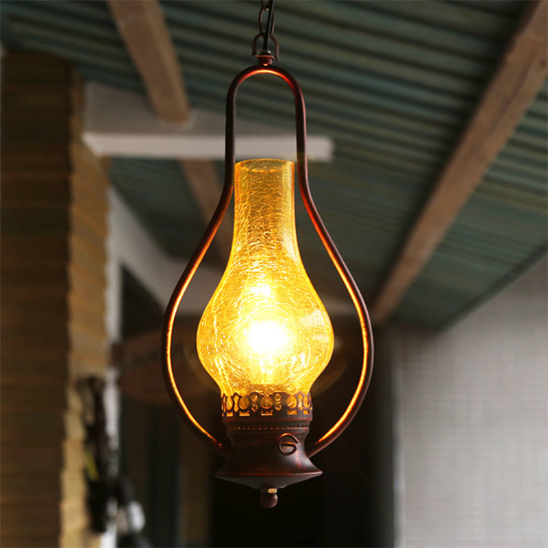 Antique Copper/Antique Bronze 1 Light Ceiling Pendant Light Industrial Crackle Glass Kerosene Hanging Lamp for Living Room Clearhalo 'Ceiling Lights' 'Chandeliers' 'Glass shade' 'Glass' 'Industrial Pendants' 'Industrial' 'Middle Century Pendants' 'Pendant Lights' 'Pendants' 'Tiffany' Lighting' 140280