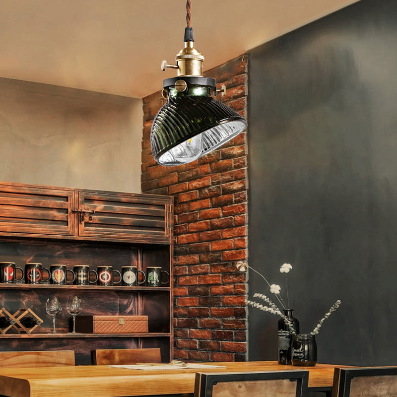 Bowl Hanging Pendant Light Rustic Industrial Green Ribbed Glass 1 Light Drop Lamp Clearhalo 'Ceiling Lights' 'Glass shade' 'Glass' 'Industrial Pendants' 'Industrial' 'Middle Century Pendants' 'Pendant Lights' 'Pendants' 'Tiffany' Lighting' 140314