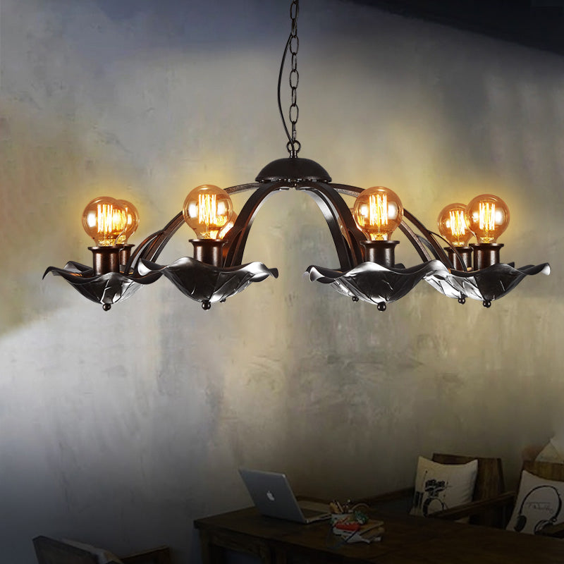 Open Bulb Hanging Lamp with Lotus Leaf Height Adjustable Metal Chandelier Light Black Clearhalo 'Cast Iron' 'Ceiling Lights' 'Chandeliers' 'Industrial Chandeliers' 'Industrial' 'Metal' 'Middle Century Chandeliers' 'Rustic Chandeliers' 'Tiffany' Lighting' 140354
