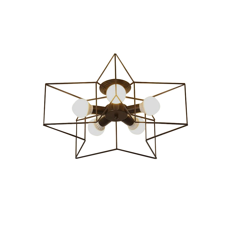 Star Cage Metallic Shade Semi Flush Pendant Light Loft Stylish 5 Lights Bedroom Ceiling Lighting in Black/White Clearhalo 'Ceiling Lights' 'Close To Ceiling Lights' 'Close to ceiling' 'Semi-flushmount' Lighting' 140360