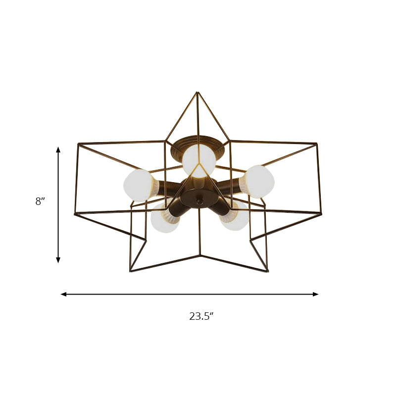 Star Cage Metallic Shade Semi Flush Pendant Light Loft Stylish 5 Lights Bedroom Ceiling Lighting in Black/White Clearhalo 'Ceiling Lights' 'Close To Ceiling Lights' 'Close to ceiling' 'Semi-flushmount' Lighting' 140361