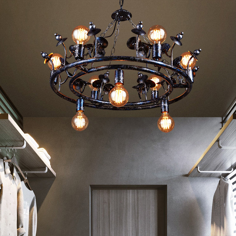 Multi Light Round Chandelier Light Open Bulb Metal Rustic Pendant Lighting in Black Clearhalo 'Ceiling Lights' 'Chandeliers' Lighting' options 140370