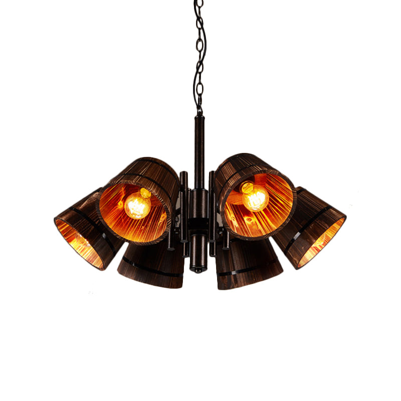 6 Heads Bucket Pendant Chandelier Wood Rustic Lodge Ceiling Hanging Lamp for Dining Room Clearhalo 'Carpenter Chandeliers' 'Ceiling Lights' 'Chandeliers' 'Industrial Chandeliers' 'Industrial' 'Middle Century Chandeliers' 'Modern' 'Tiffany' Lighting' 140396