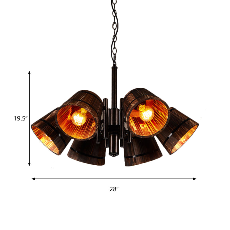 6 Heads Bucket Pendant Chandelier Wood Rustic Lodge Ceiling Hanging Lamp for Dining Room Clearhalo 'Carpenter Chandeliers' 'Ceiling Lights' 'Chandeliers' 'Industrial Chandeliers' 'Industrial' 'Middle Century Chandeliers' 'Modern' 'Tiffany' Lighting' 140397