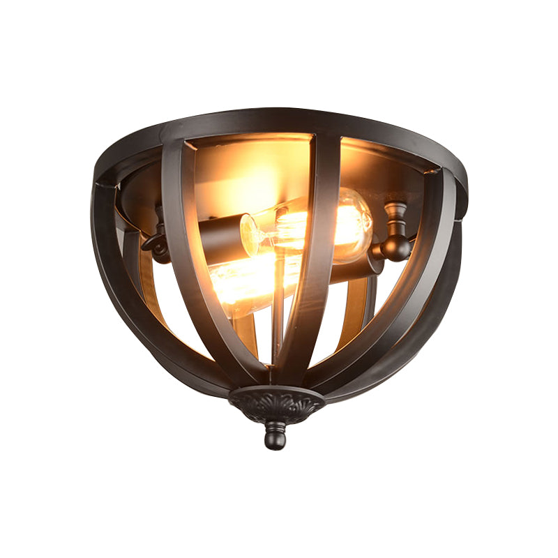Metallic Bowl Caged Ceiling Mounted Lamp Vintage Style 2 Lights Living Room Flush Mount Light Fixture in Black Clearhalo 'Ceiling Lights' 'Close To Ceiling Lights' 'Close to ceiling' 'Flush mount' 'Industrial Flush Mount' Lighting' 140416