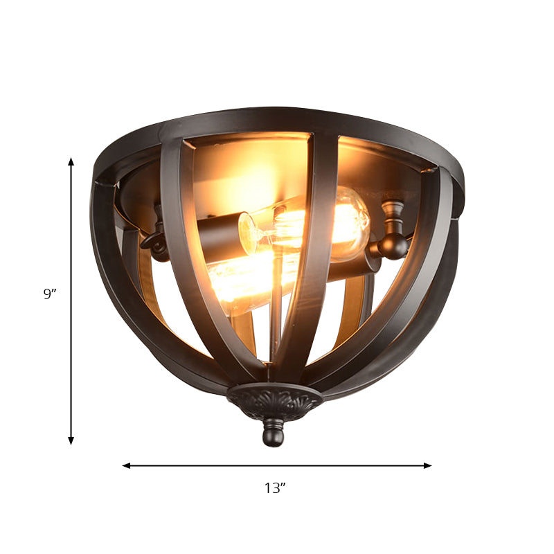Metallic Bowl Caged Ceiling Mounted Lamp Vintage Style 2 Lights Living Room Flush Mount Light Fixture in Black Clearhalo 'Ceiling Lights' 'Close To Ceiling Lights' 'Close to ceiling' 'Flush mount' 'Industrial Flush Mount' Lighting' 140417