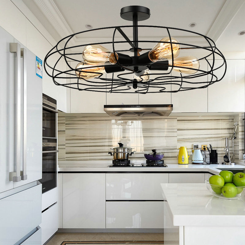 Fan Shaped Iron Ceiling Light with Wire Cage Shade Vintage 5 Lights Living Room Semi Flush Mount Light in Rust/Black Black Clearhalo 'Ceiling Lights' 'Close To Ceiling Lights' 'Close to ceiling' 'Semi-flushmount' Lighting' 140426