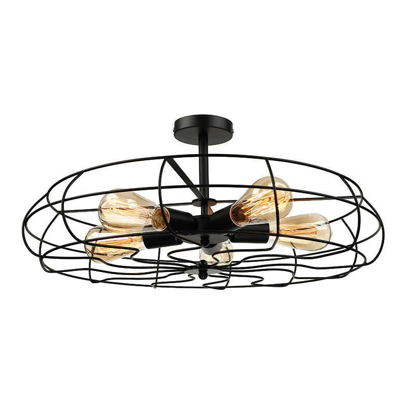 Fan Shaped Iron Ceiling Light with Wire Cage Shade Vintage 5 Lights Living Room Semi Flush Mount Light in Rust/Black Clearhalo 'Ceiling Lights' 'Close To Ceiling Lights' 'Close to ceiling' 'Semi-flushmount' Lighting' 140428