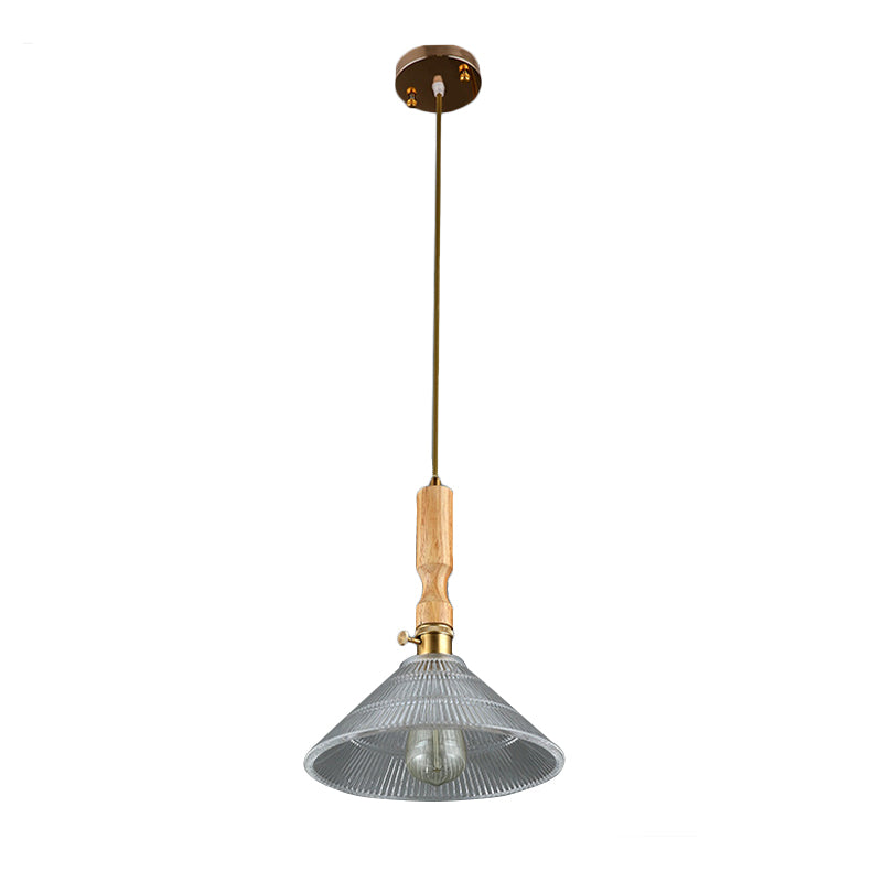 Cone Dining Room Hanging Light Kit Contemporary Ribbed Glass 1 Light Brass Pendant Lighting with Wood Cap Clearhalo 'Ceiling Lights' 'Glass shade' 'Glass' 'Industrial Pendants' 'Industrial' 'Middle Century Pendants' 'Pendant Lights' 'Pendants' 'Tiffany' Lighting' 140472