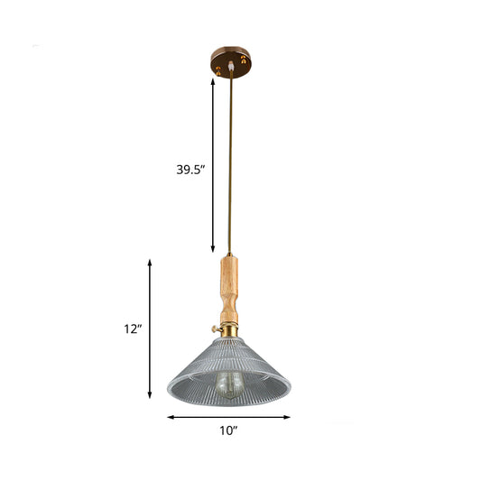 Cone Dining Room Hanging Light Kit Contemporary Ribbed Glass 1 Light Brass Pendant Lighting with Wood Cap Clearhalo 'Ceiling Lights' 'Glass shade' 'Glass' 'Industrial Pendants' 'Industrial' 'Middle Century Pendants' 'Pendant Lights' 'Pendants' 'Tiffany' Lighting' 140473