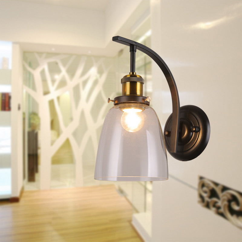 One Bulb Clear Glass Sconce Light Fixture Vintage Black Dome Living Room Wall Lamp Clear Clearhalo 'Cast Iron' 'Glass' 'Industrial wall lights' 'Industrial' 'Middle century wall lights' 'Modern' 'Tiffany' 'Traditional wall lights' 'Wall Lamps & Sconces' 'Wall Lights' Lighting' 140522